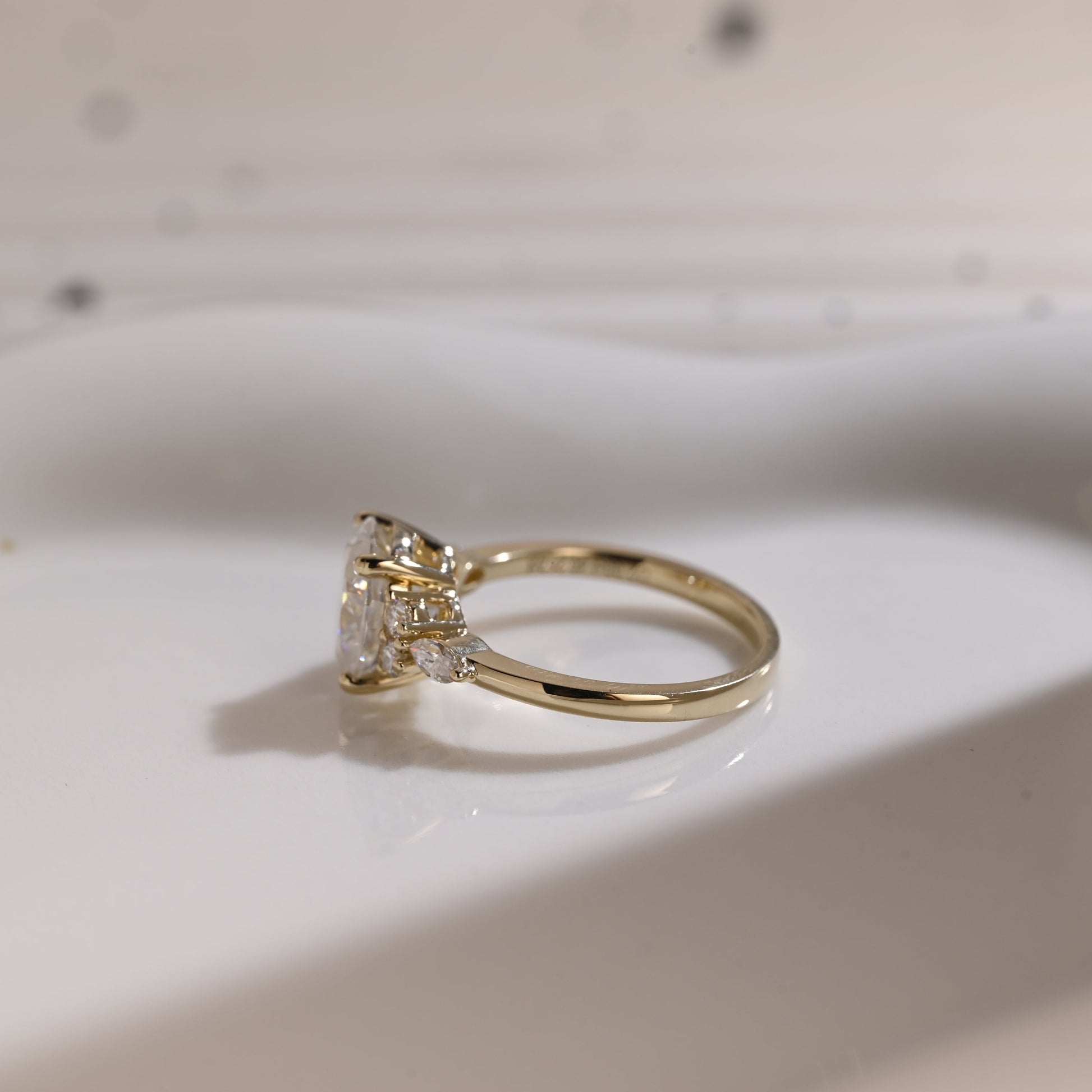 Solid Gold Side Cluster Oval Cut Moissanite Engagement Ring