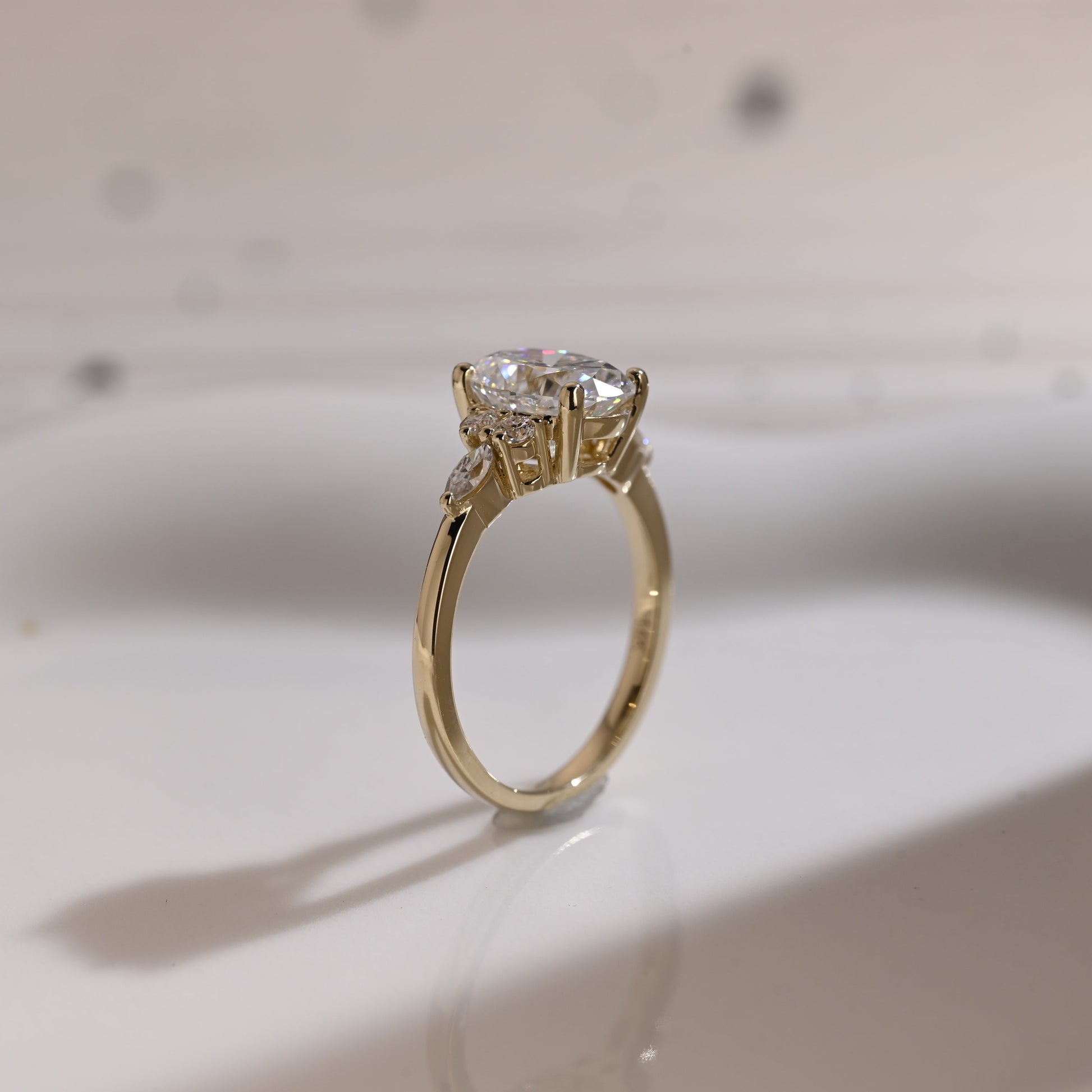 Solid Gold Side Cluster Oval Cut Moissanite Engagement Ring