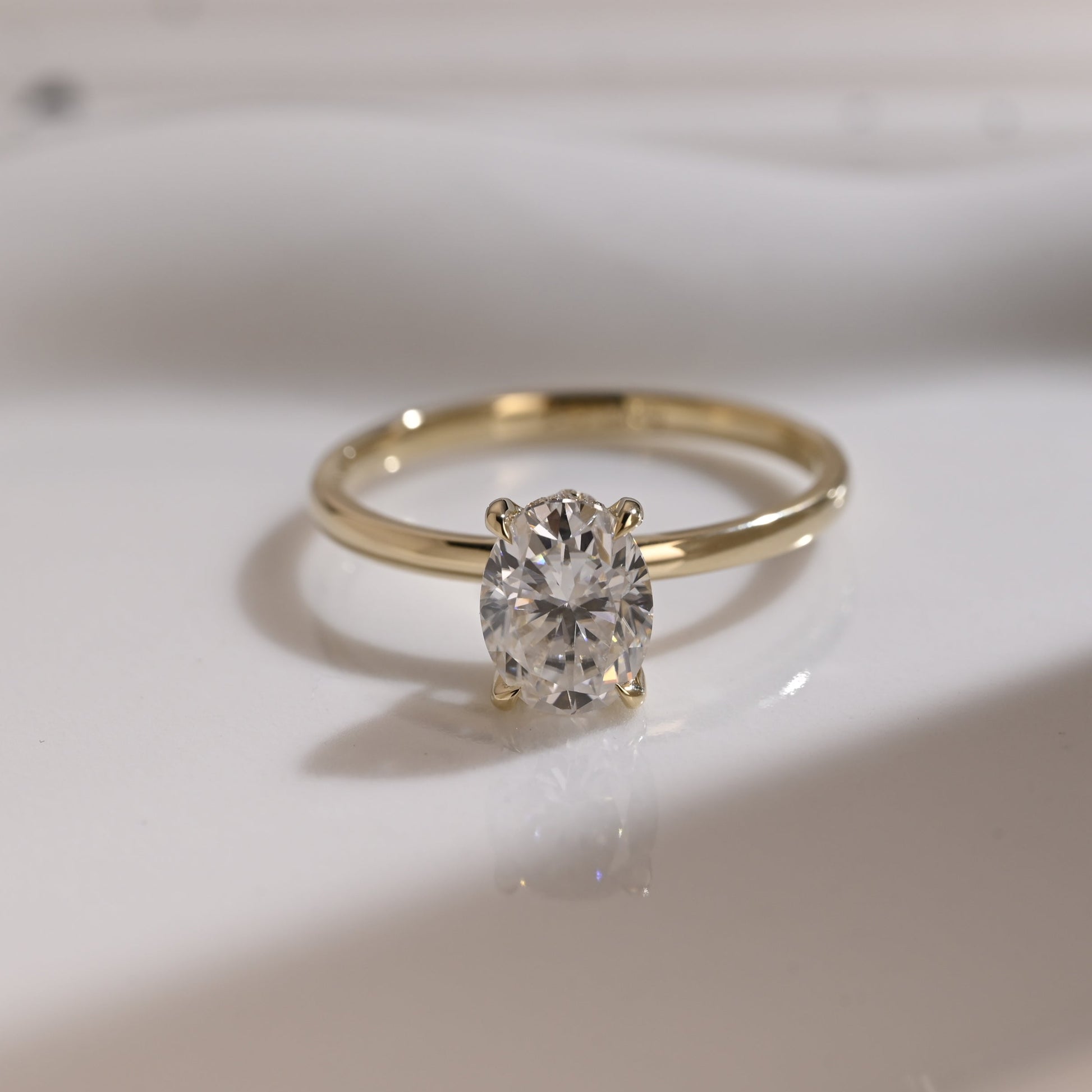 Solid Gold Double Hidden Halo Oval Cut Moissanite Engagement Ring