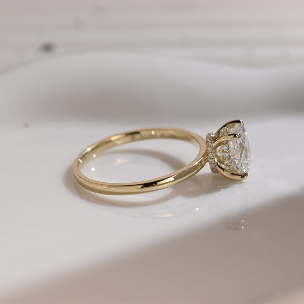 Solid Gold Double Hidden Halo Oval Cut Moissanite Engagement Ring