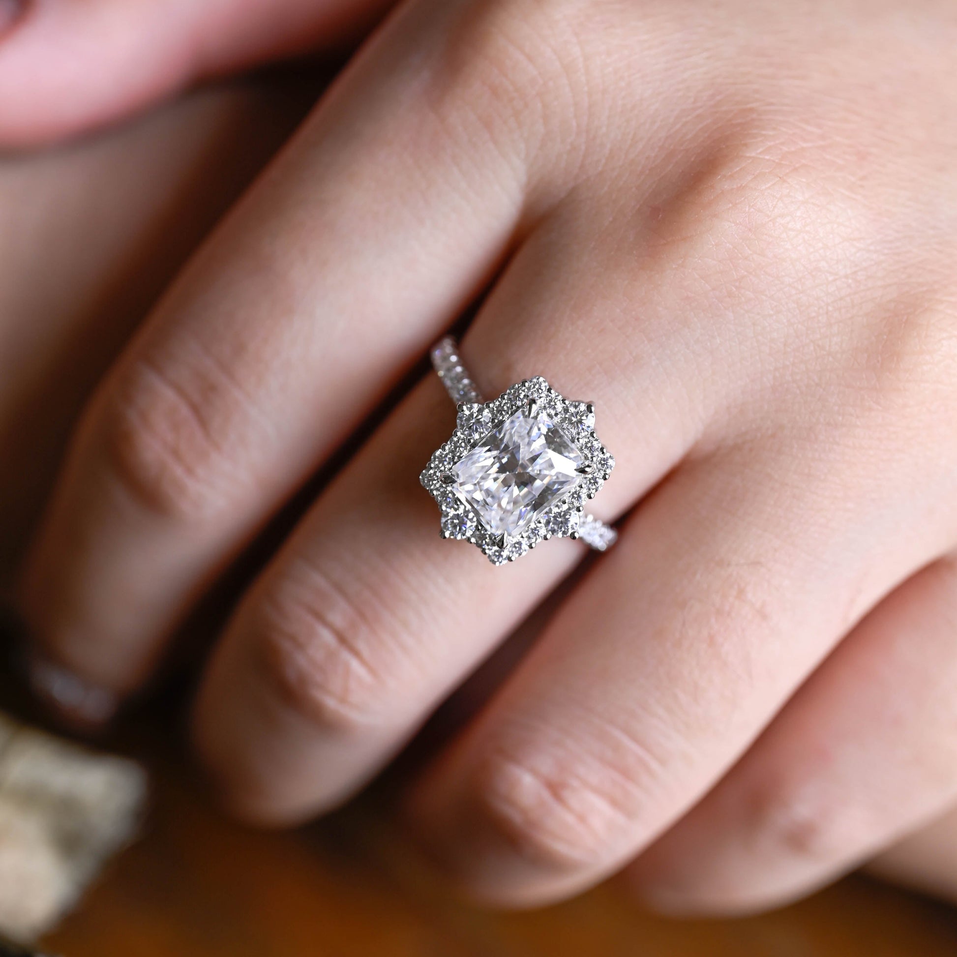 Solid Gold Hidden Halo Radiant Cut Moissanite Engagement Ring