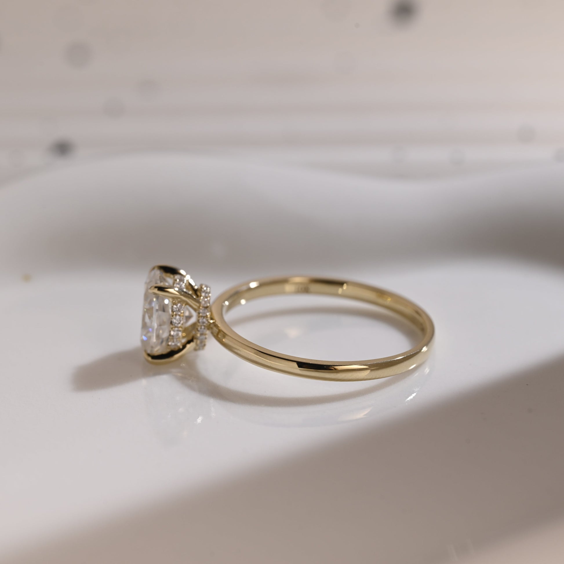 Solid Gold Double Hidden Halo Oval Cut Moissanite Engagement Ring