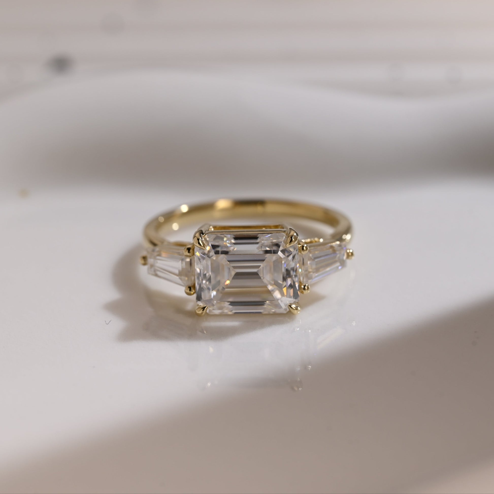 Solid Gold East-West Three Stone Emerald Cut Moissanite Engagement Ring