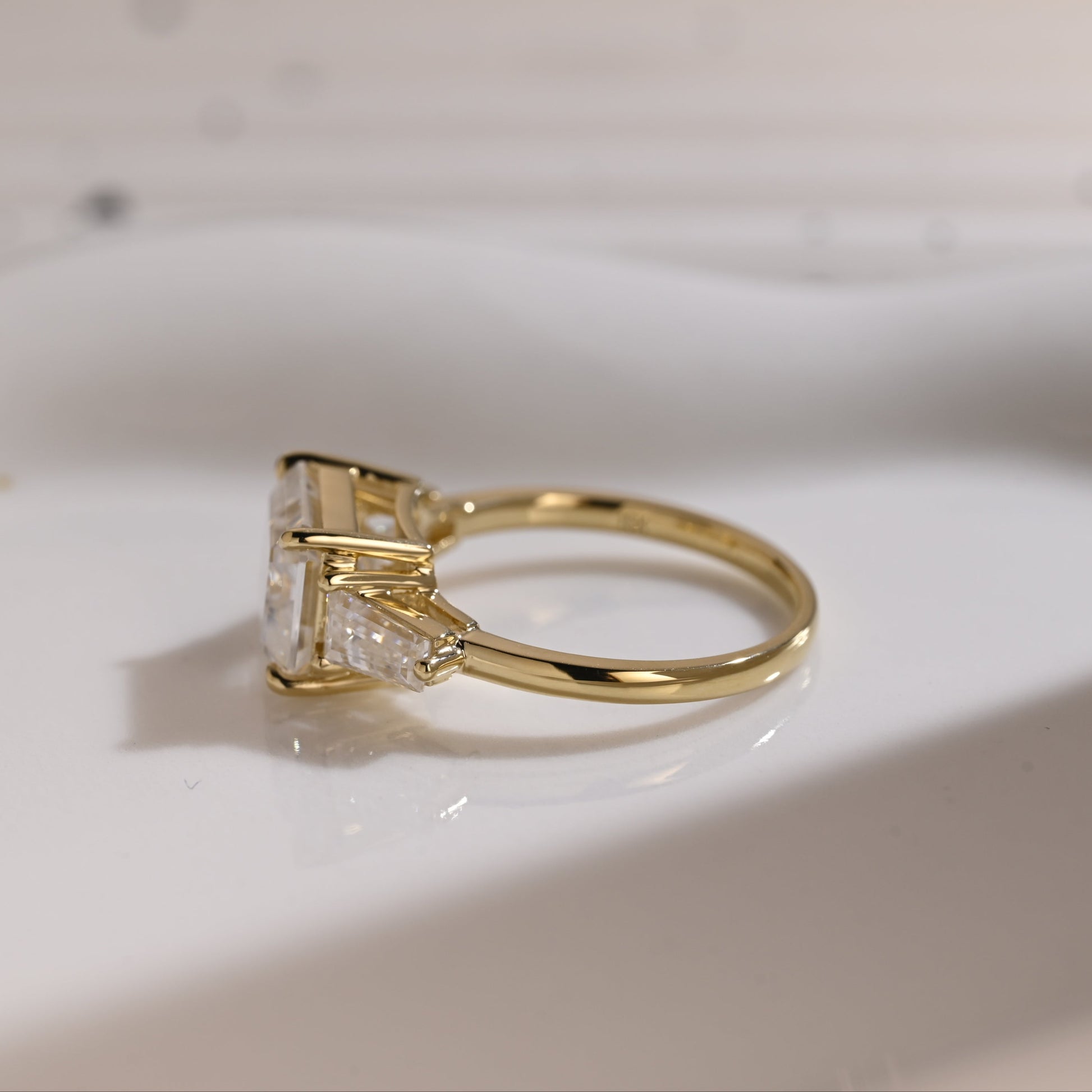 Solid Gold East-West Three Stone Emerald Cut Moissanite Engagement Ring