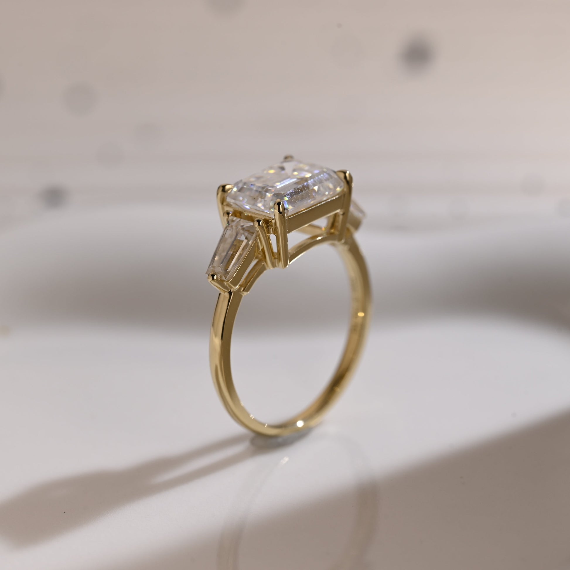 Solid Gold East-West Three Stone Emerald Cut Moissanite Engagement Ring