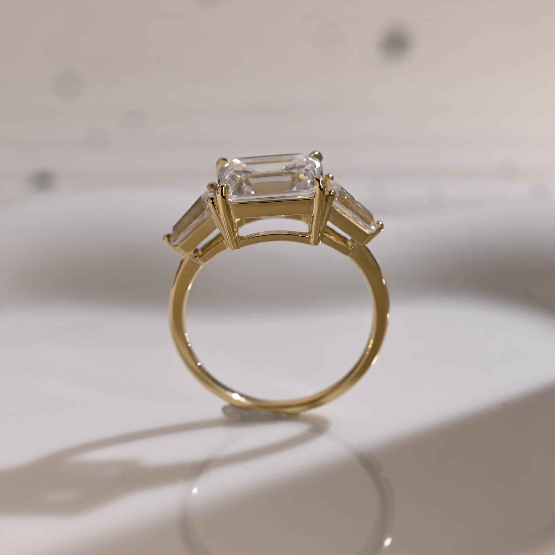 Solid Gold East-West Three Stone Emerald Cut Moissanite Engagement Ring
