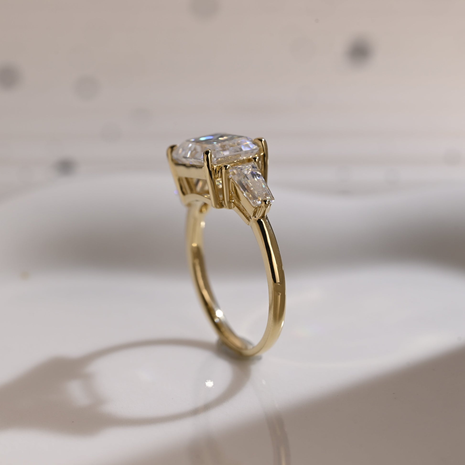 Solid Gold East-West Three Stone Emerald Cut Moissanite Engagement Ring