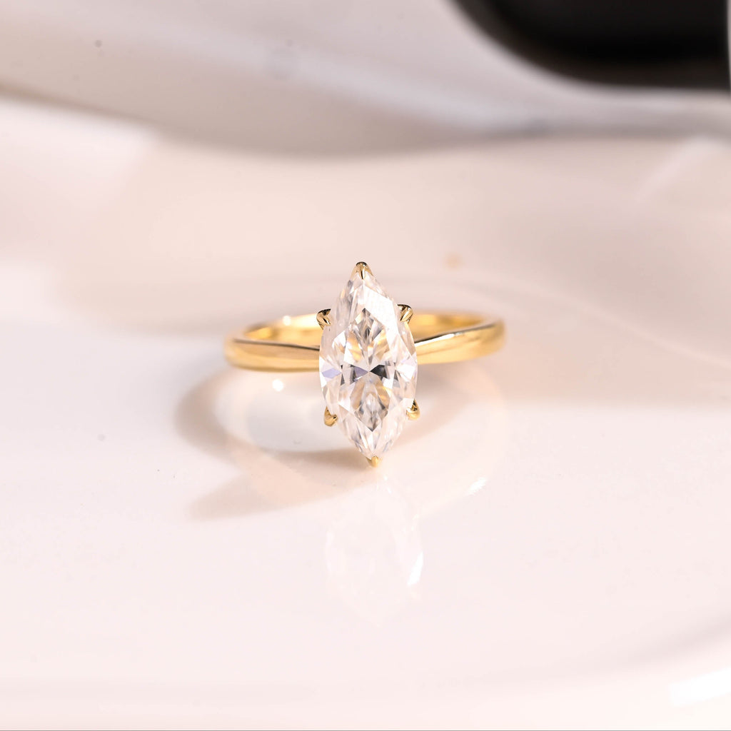 Solid Gold Solitaire Tulip Setting Marquise Cut Moissanite Engagement Ring
