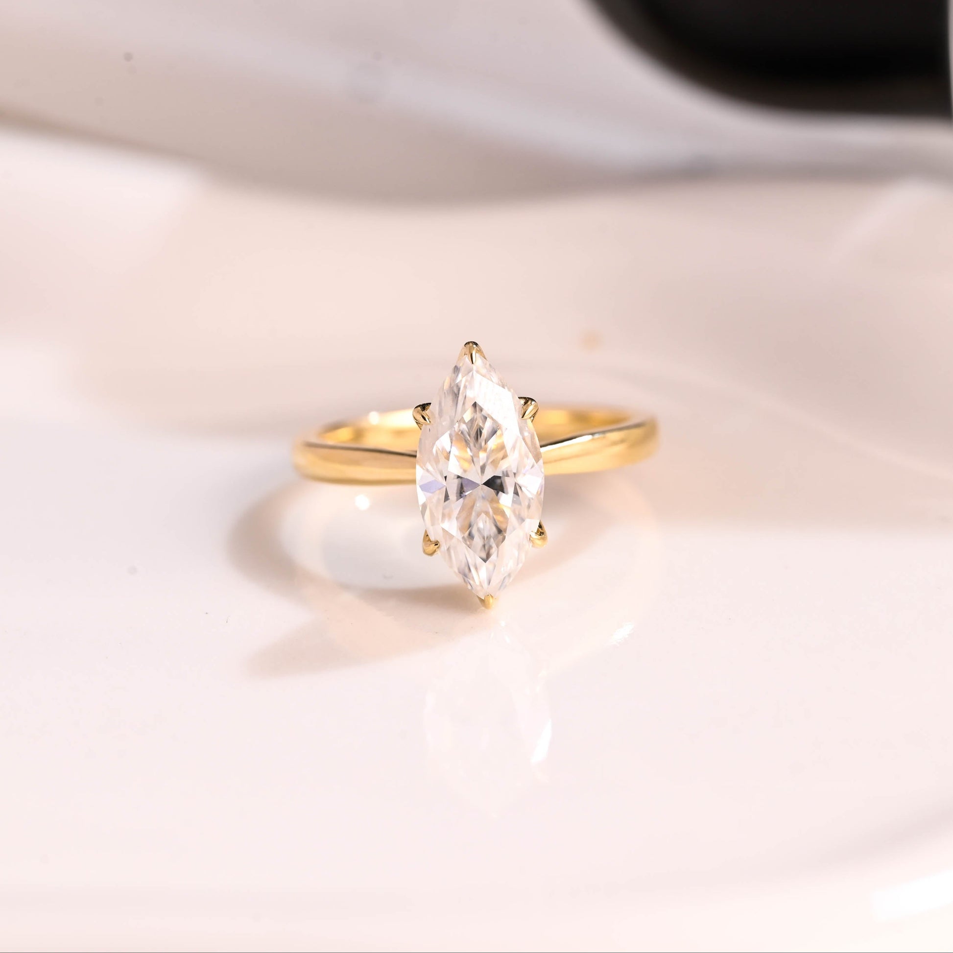 Solid Gold Solitaire Tulip Setting Marquise Cut Moissanite Engagement Ring