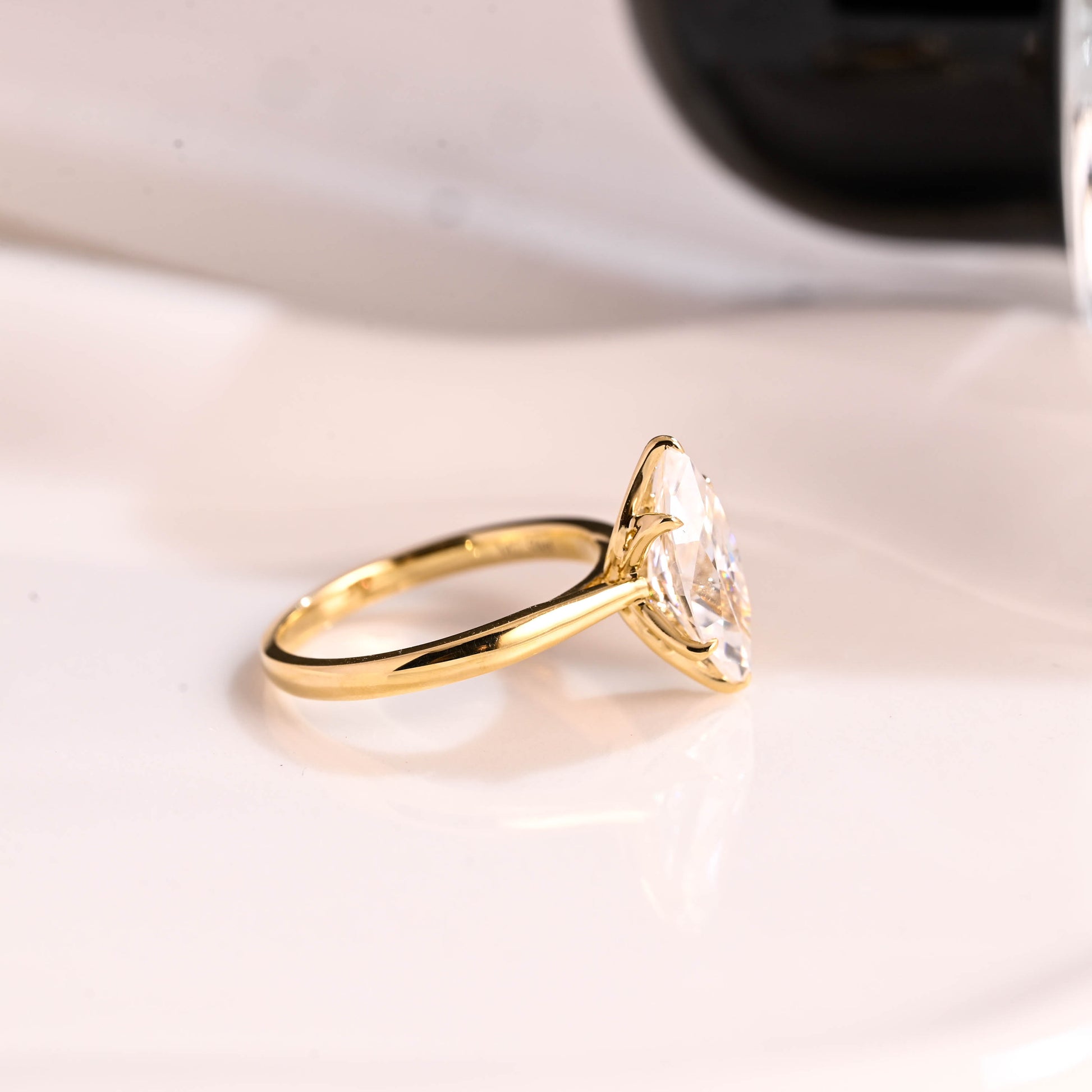 Solid Gold Solitaire Tulip Setting Marquise Cut Moissanite Engagement Ring