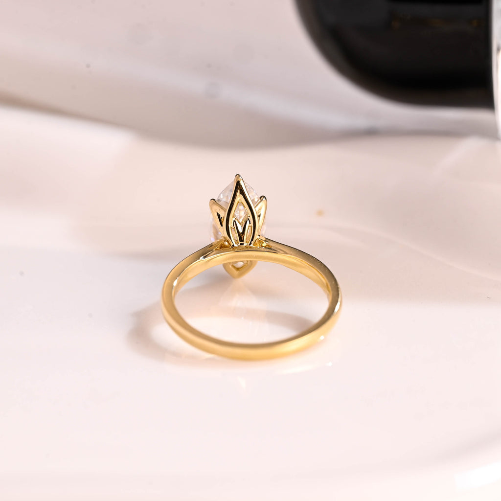 Solid Gold Solitaire Tulip Setting Marquise Cut Moissanite Engagement Ring