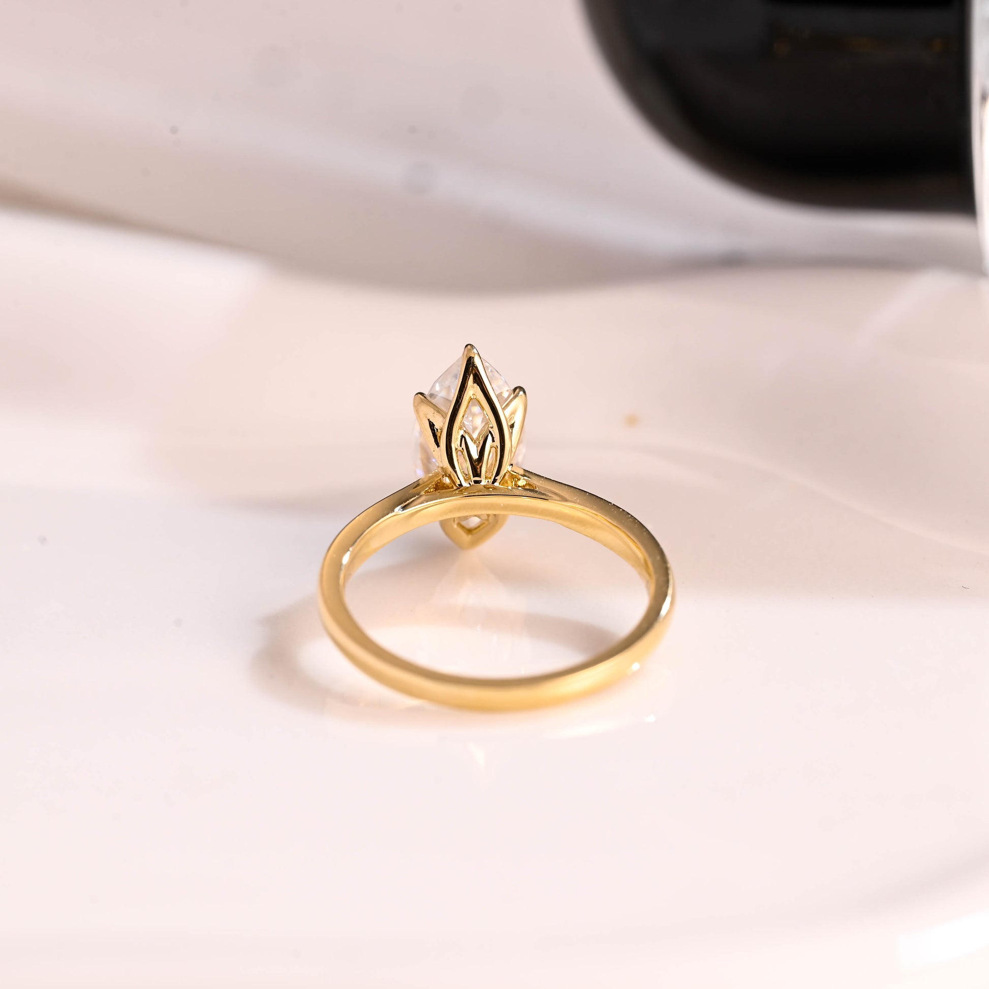 Solid Gold Solitaire Tulip Setting Marquise Cut Moissanite Engagement Ring