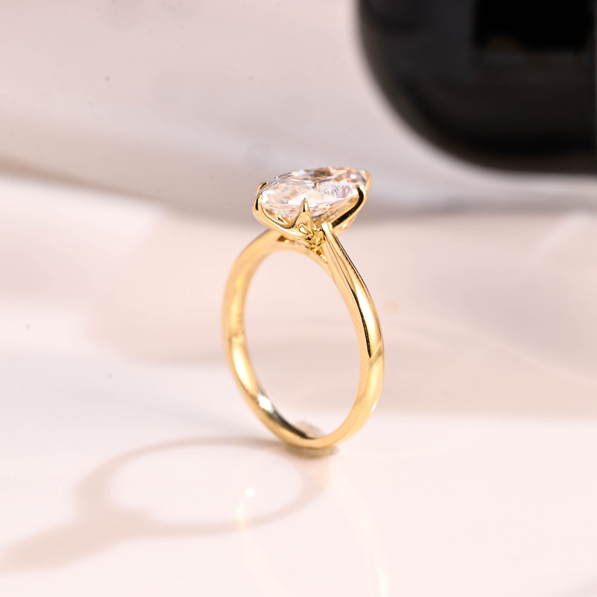 Solid Gold Solitaire Tulip Setting Marquise Cut Moissanite Engagement Ring