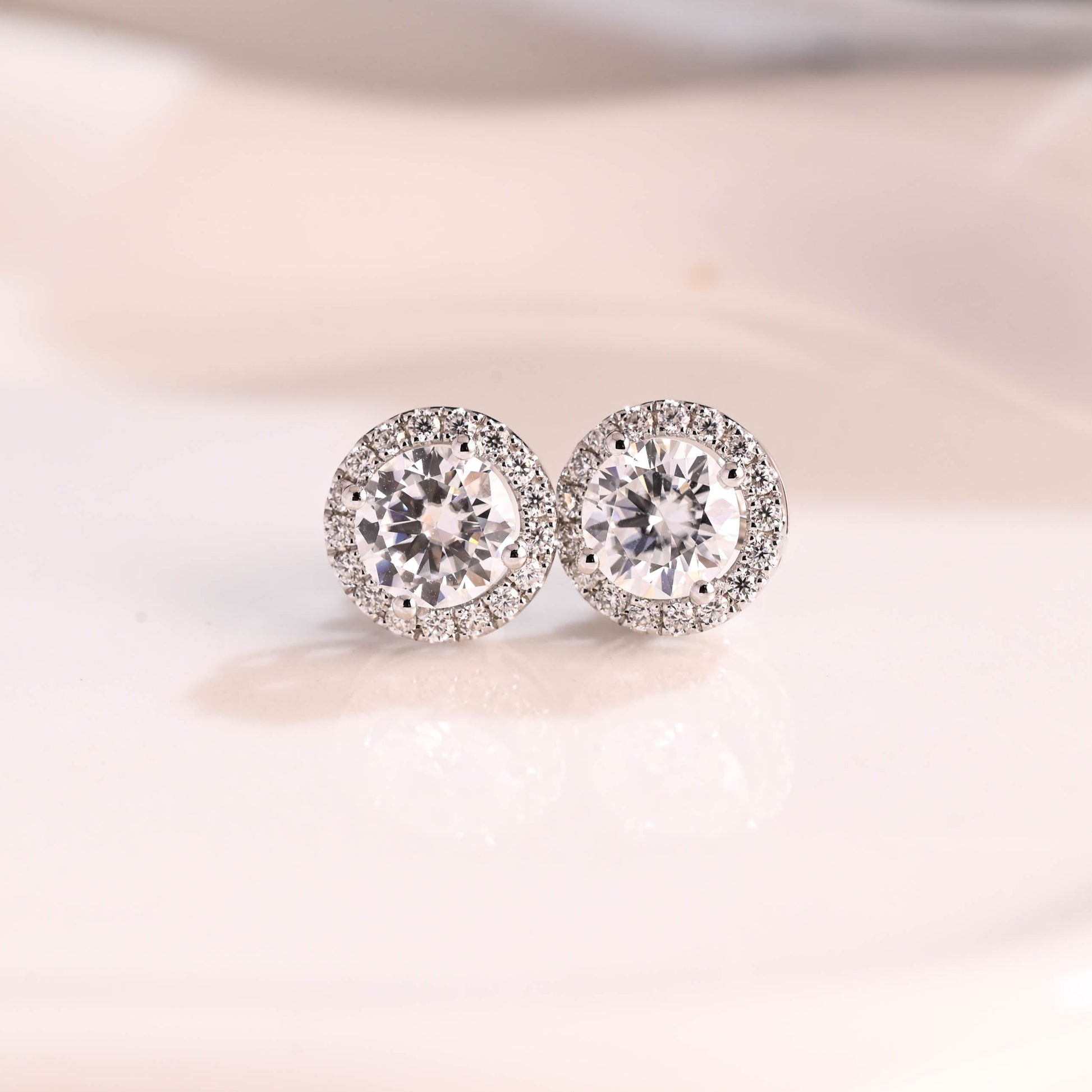 Solid Gold Halo Round Cut Moissanite Earring Studs Push Backs