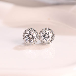 Solid Gold Halo Round Cut Moissanite Earring Studs Push Backs