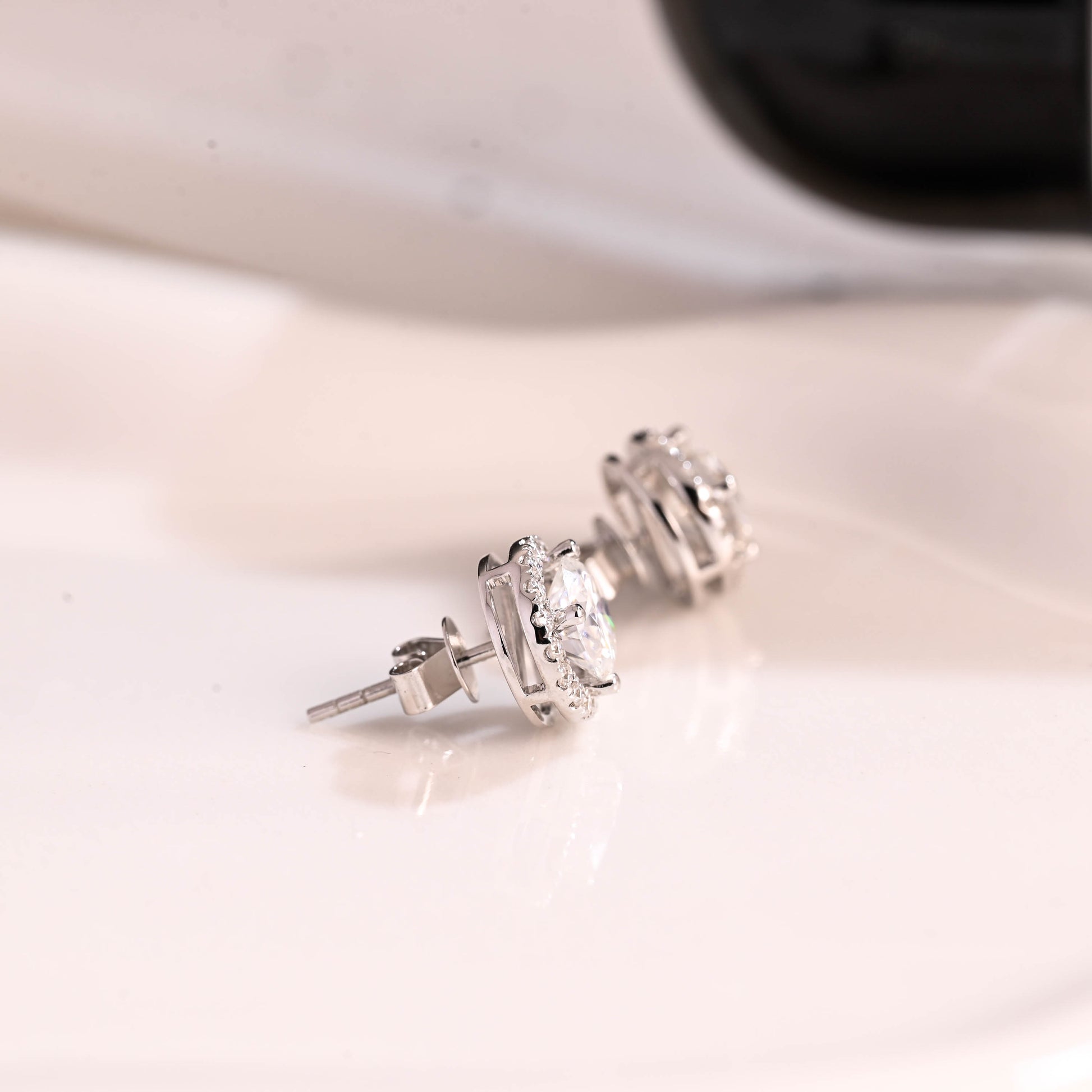 Solid Gold Halo Round Cut Moissanite Earring Studs Push Backs