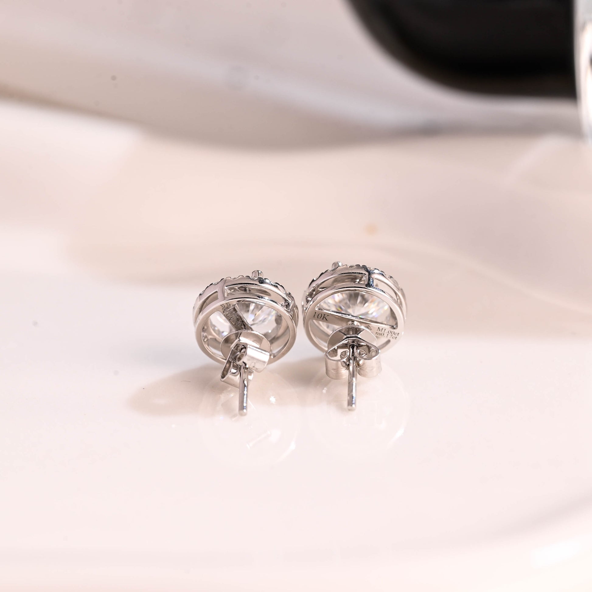 Solid Gold Halo Round Cut Moissanite Earring Studs Push Backs