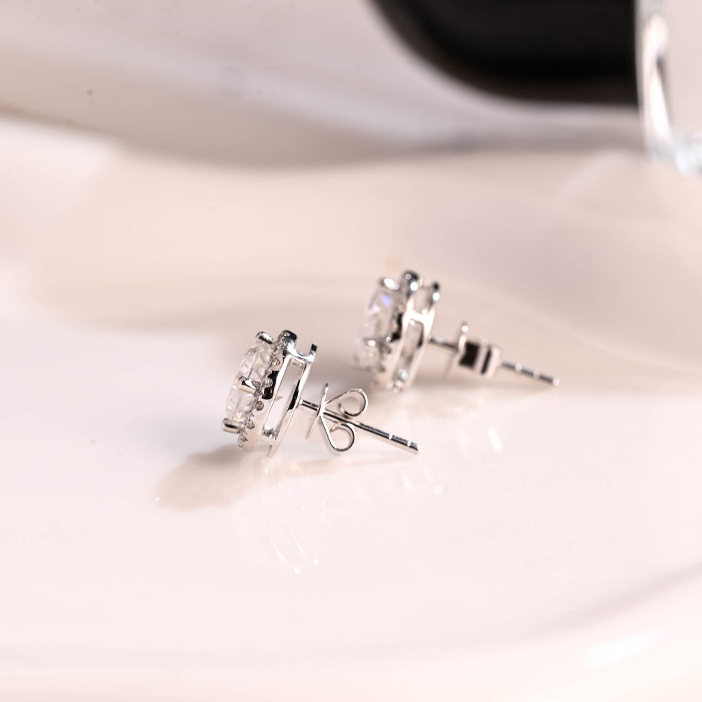 Solid Gold Halo Round Cut Moissanite Earring Studs Push Backs