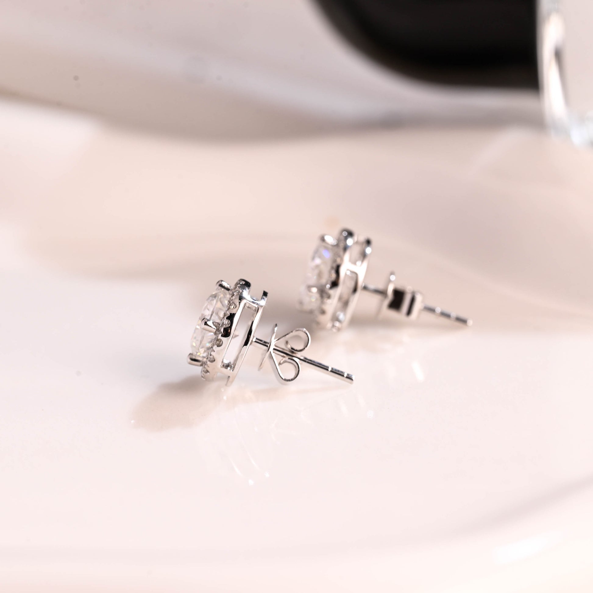 Solid Gold Halo Round Cut Moissanite Earring Studs Push Backs