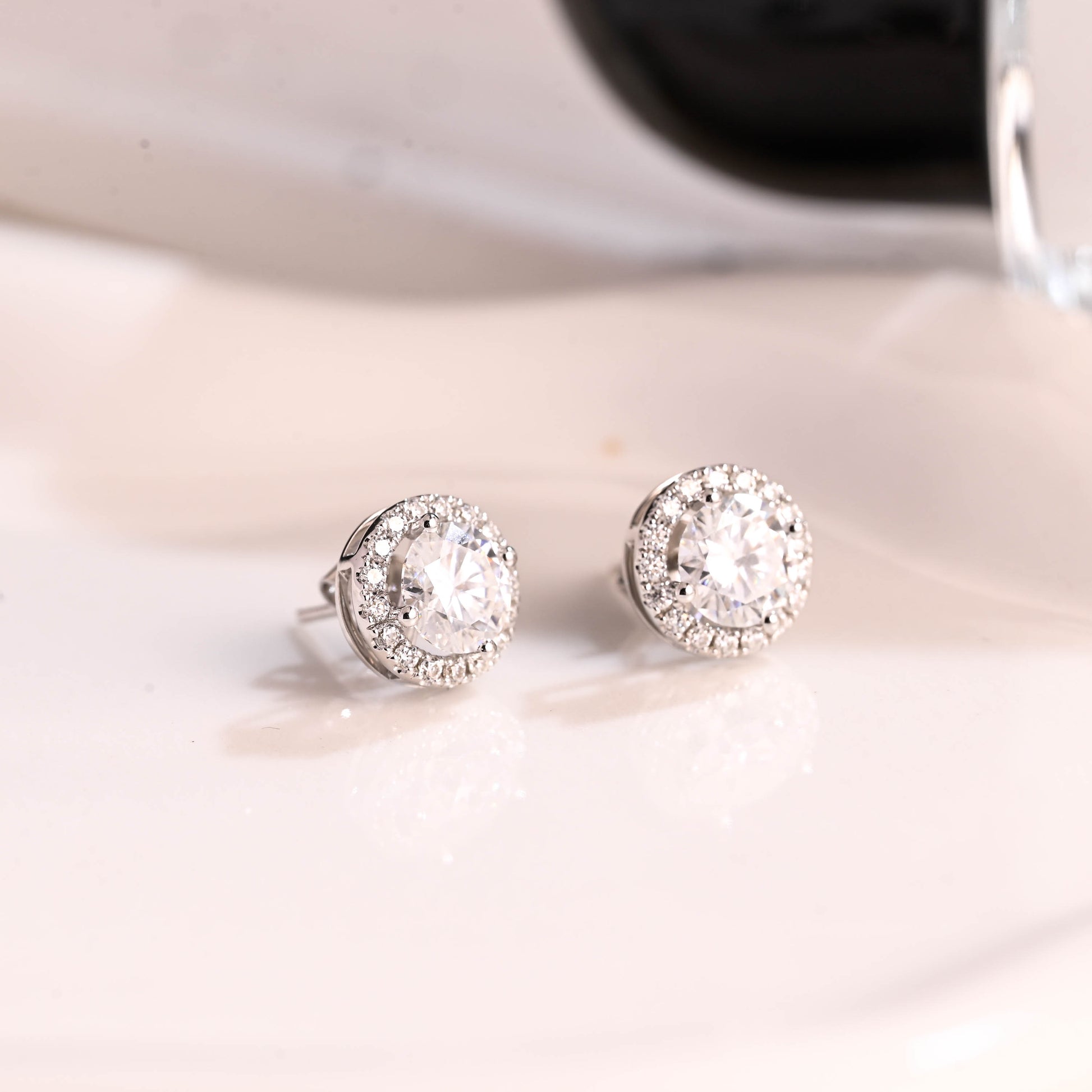 Solid Gold Halo Round Cut Moissanite Earring Studs Push Backs