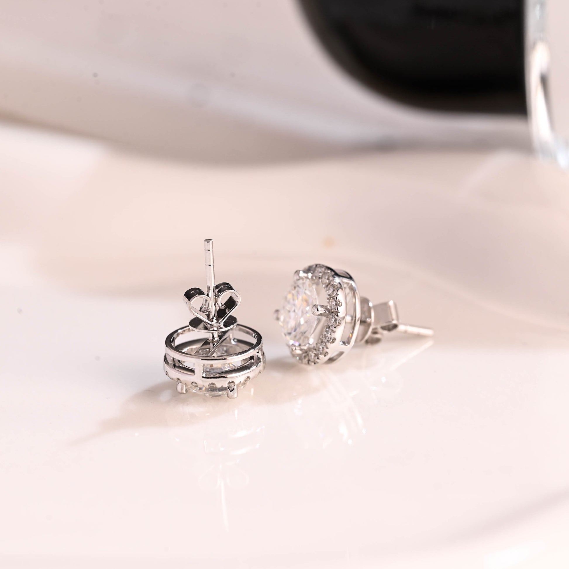 Solid Gold Halo Round Cut Moissanite Earring Studs Push Backs