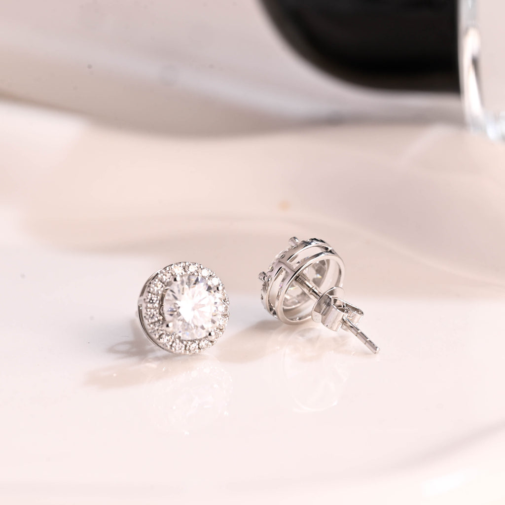 Solid Gold Halo Round Cut Moissanite Earring Studs Push Backs