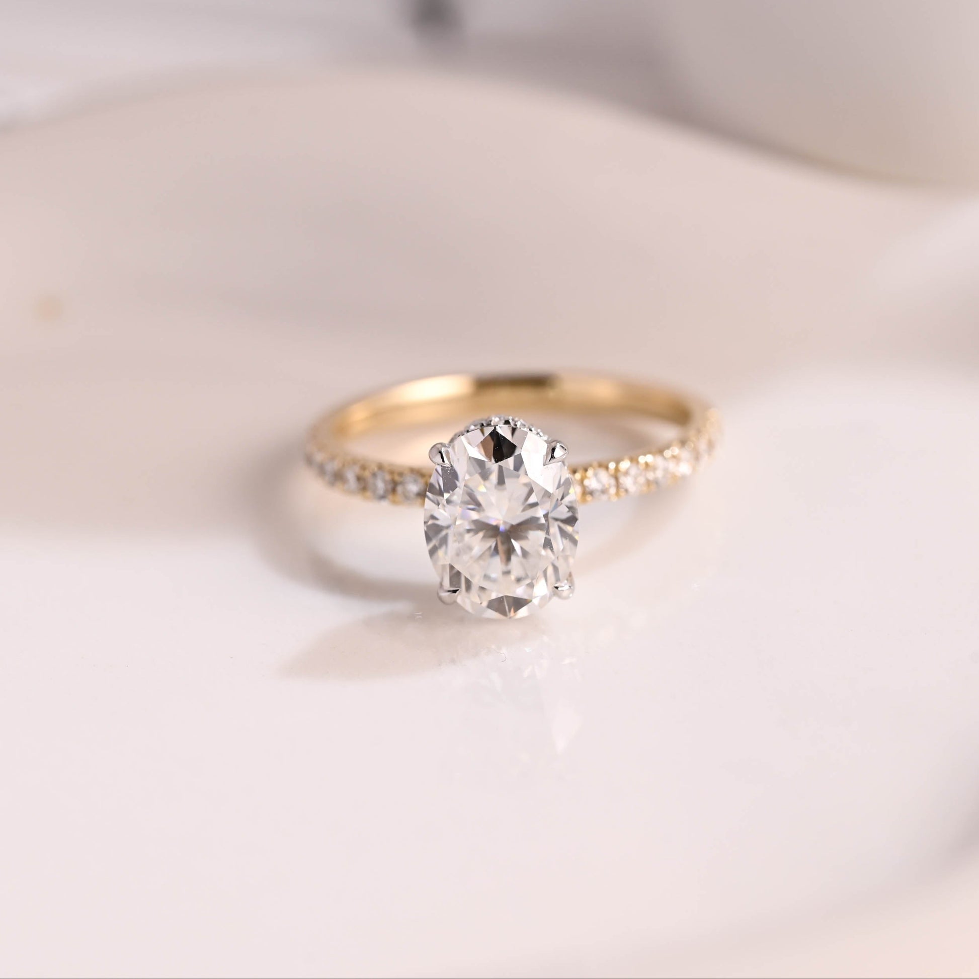 Solid Gold Two Tone Hidden Halo Oval Cut Moissanite Engagement Ring