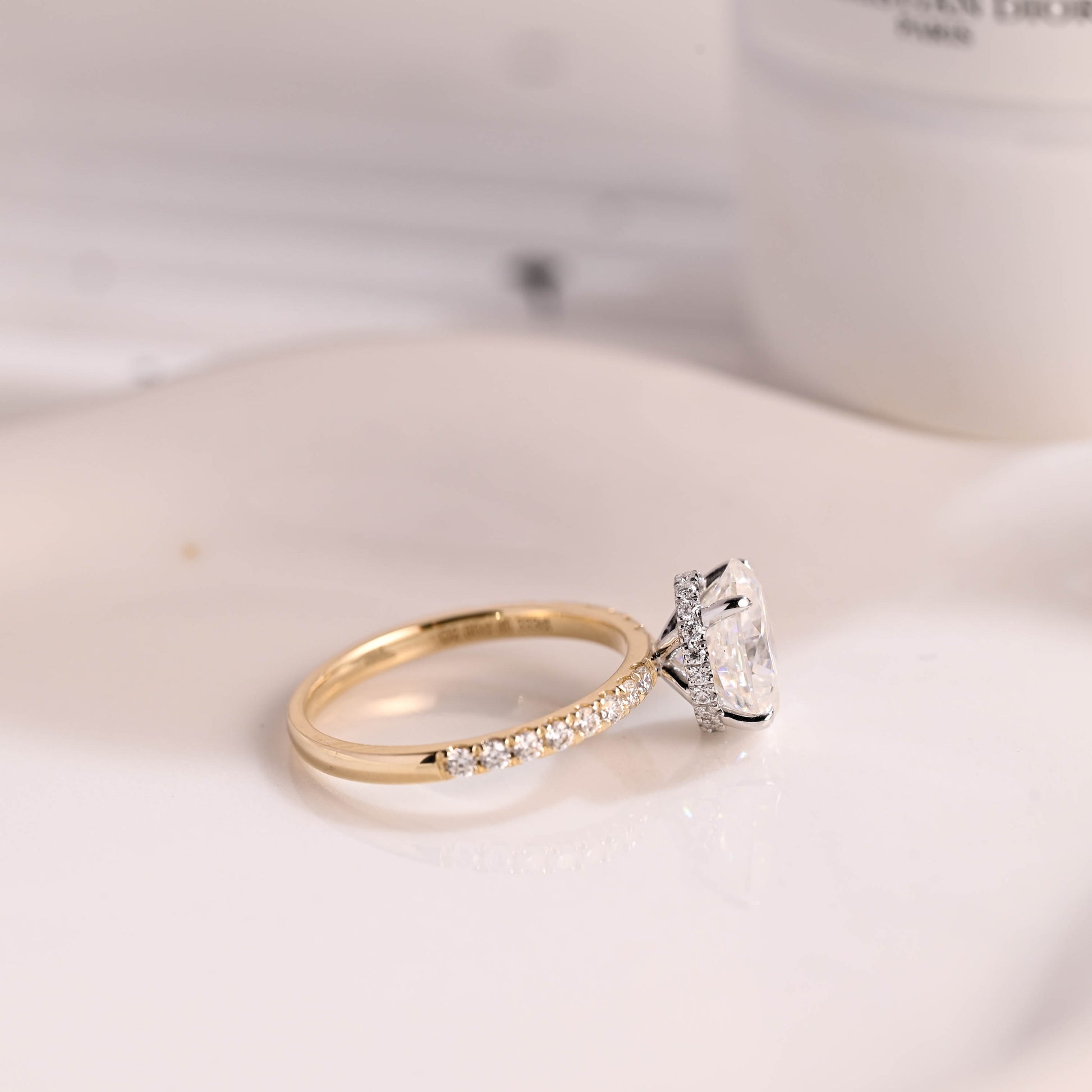 Solid Gold Two Tone Hidden Halo Oval Cut Moissanite Engagement Ring