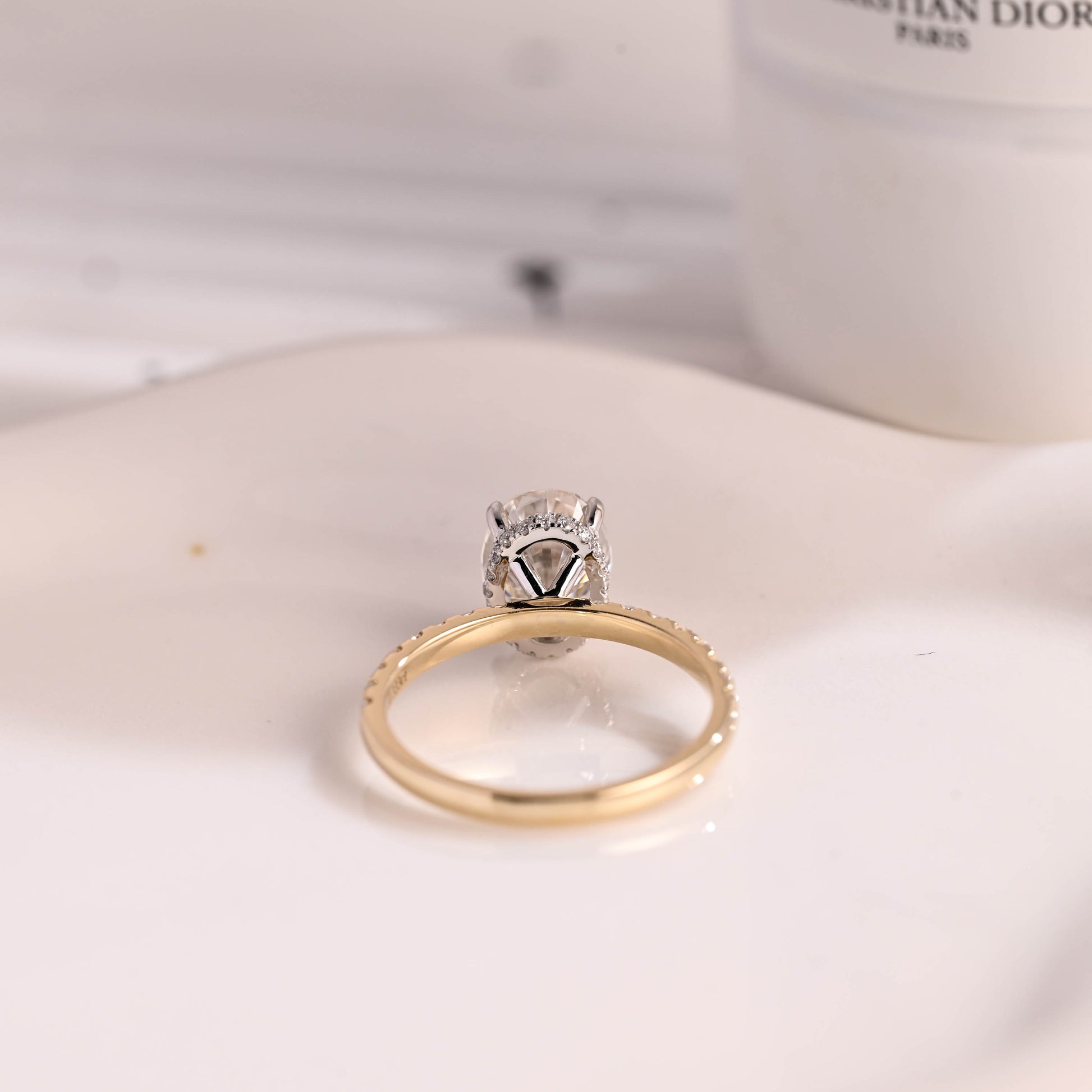 Solid Gold Two Tone Hidden Halo Oval Cut Moissanite Engagement Ring