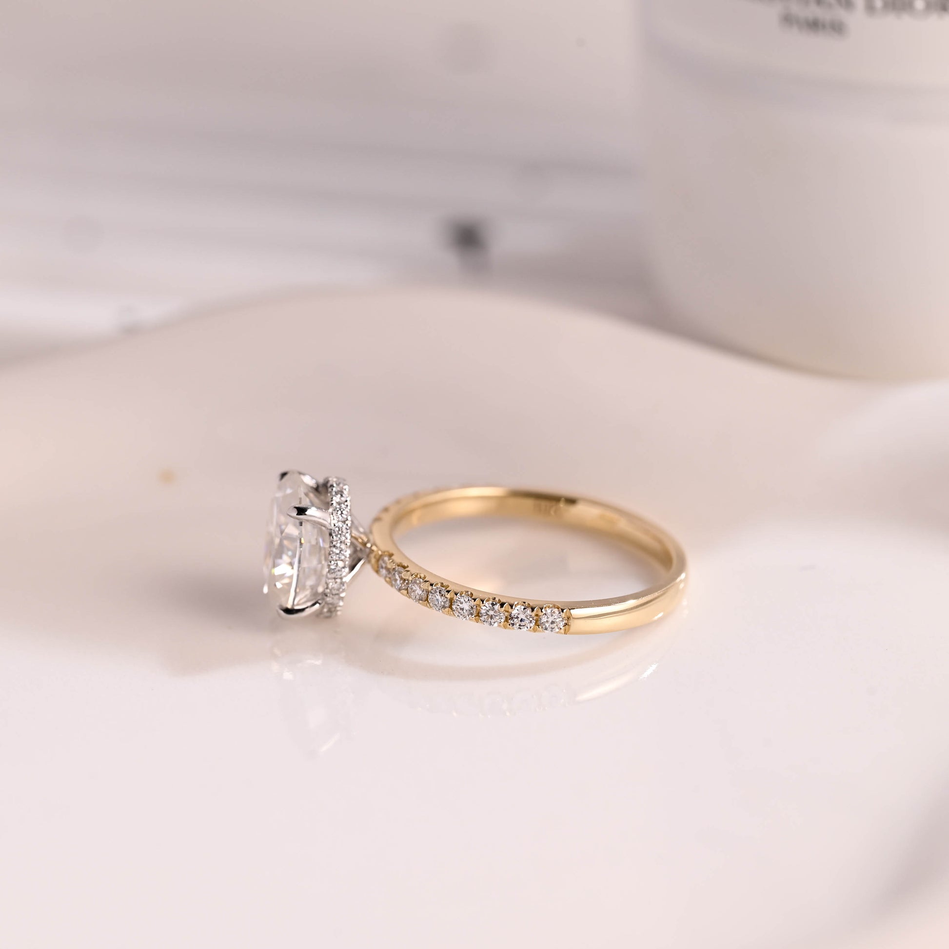 Solid Gold Two Tone Hidden Halo Oval Cut Moissanite Engagement Ring