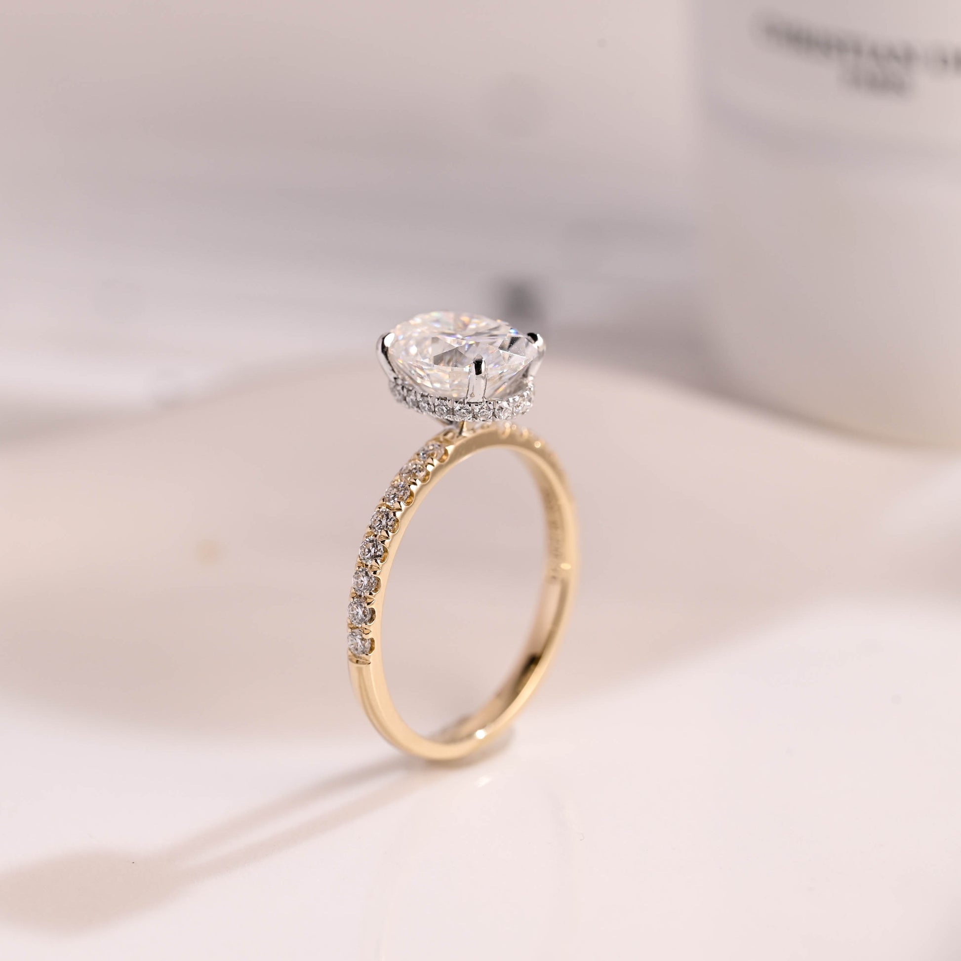 Solid Gold Two Tone Hidden Halo Oval Cut Moissanite Engagement Ring