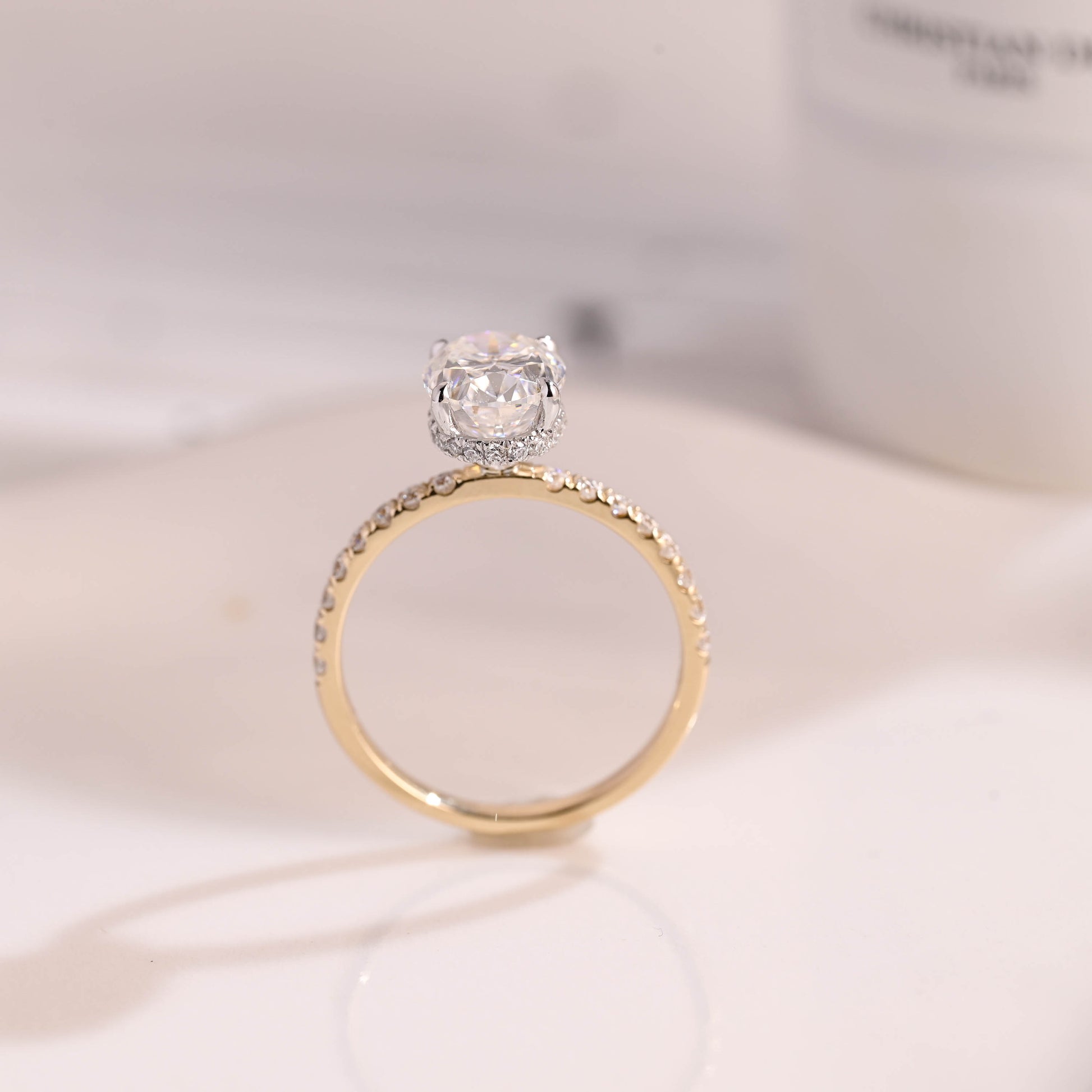 Solid Gold Two Tone Hidden Halo Oval Cut Moissanite Engagement Ring