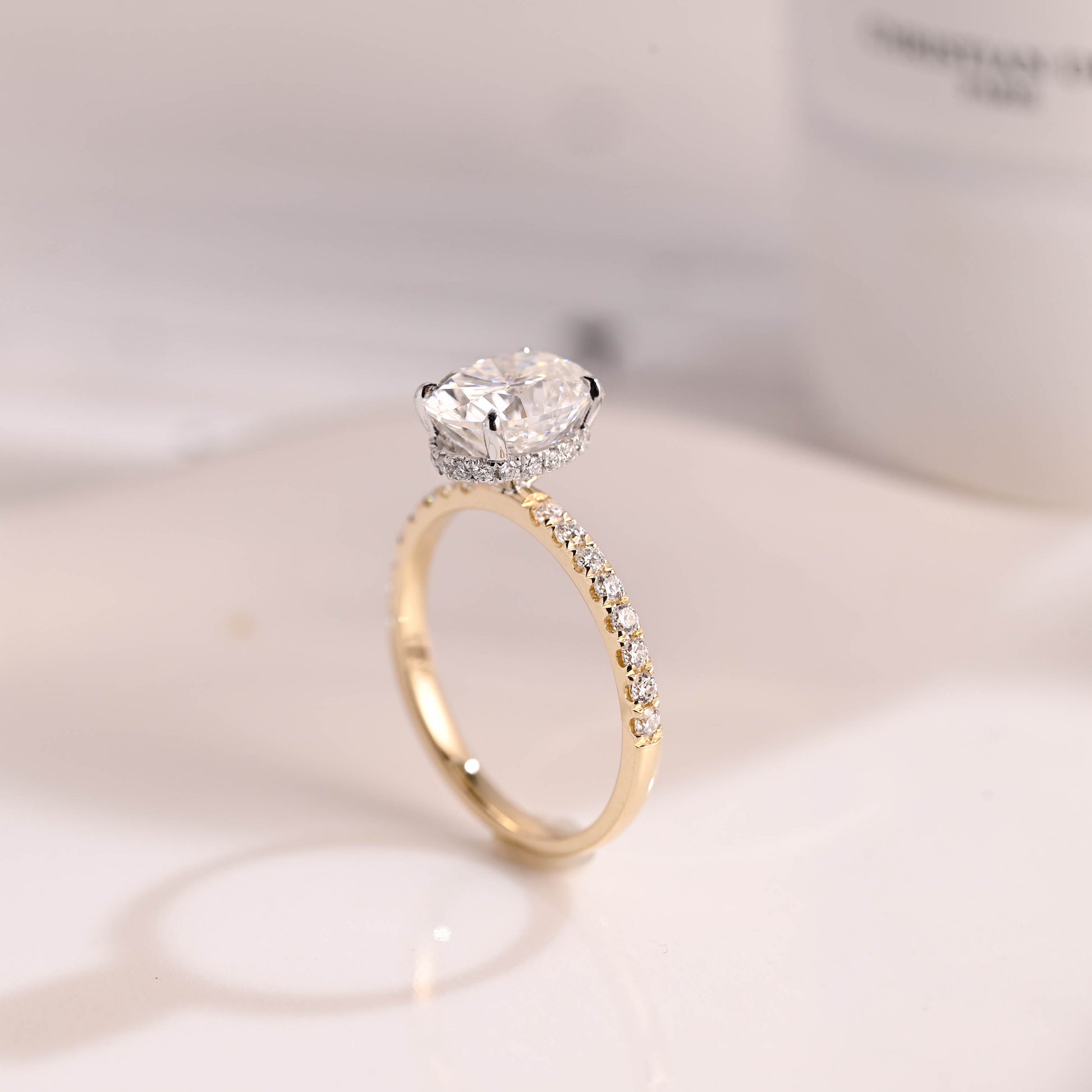 Solid Gold Two Tone Hidden Halo Oval Cut Moissanite Engagement Ring