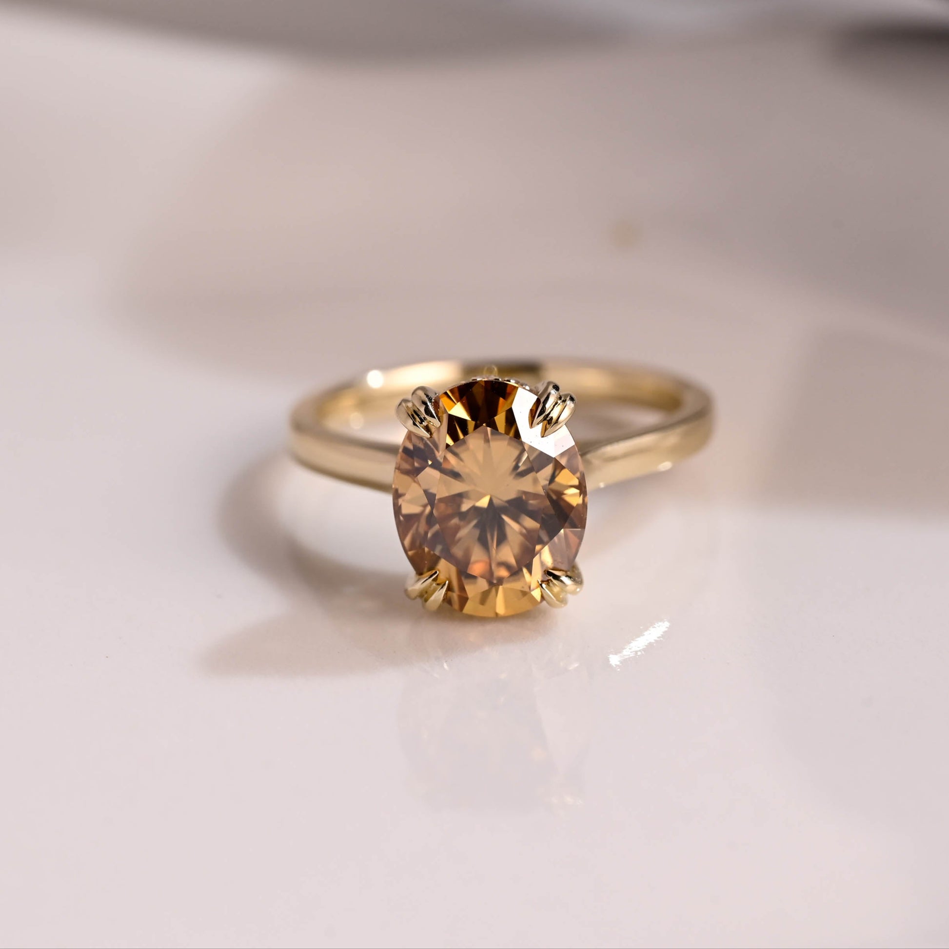 Solid Gold Hidden Halo Champagne Oval Cut Moissanite Engagement Ring