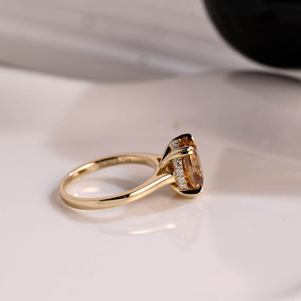 Solid Gold Hidden Halo Champagne Oval Cut Moissanite Engagement Ring