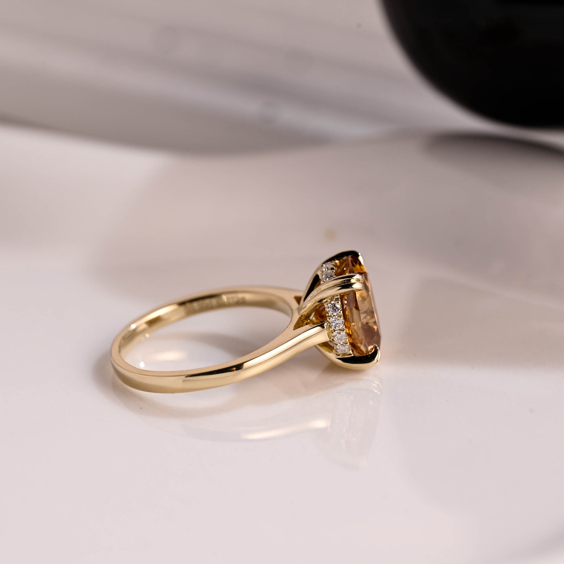 Solid Gold Hidden Halo Champagne Oval Cut Moissanite Engagement Ring