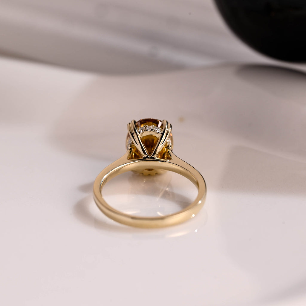 Solid Gold Hidden Halo Champagne Oval Cut Moissanite Engagement Ring