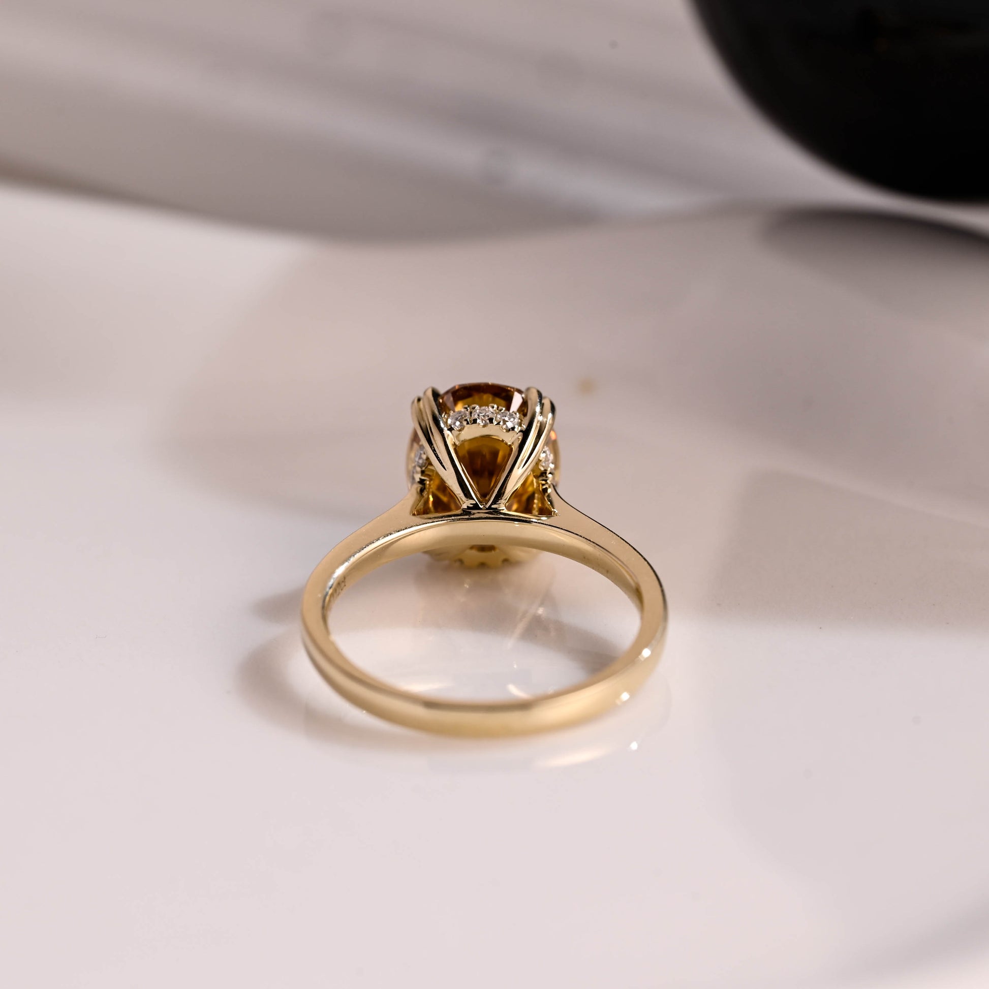 Solid Gold Hidden Halo Champagne Oval Cut Moissanite Engagement Ring