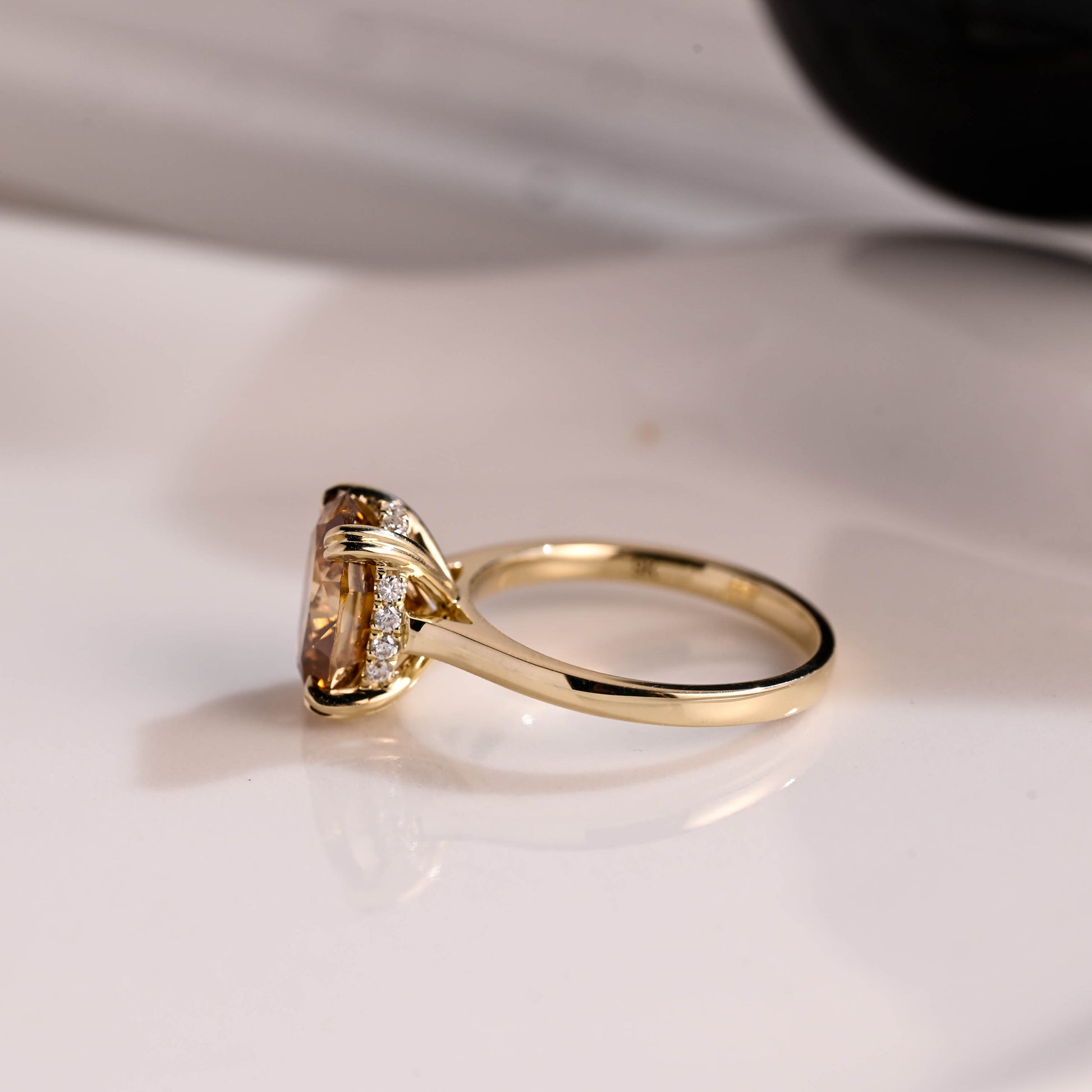 Solid Gold Hidden Halo Champagne Oval Cut Moissanite Engagement Ring