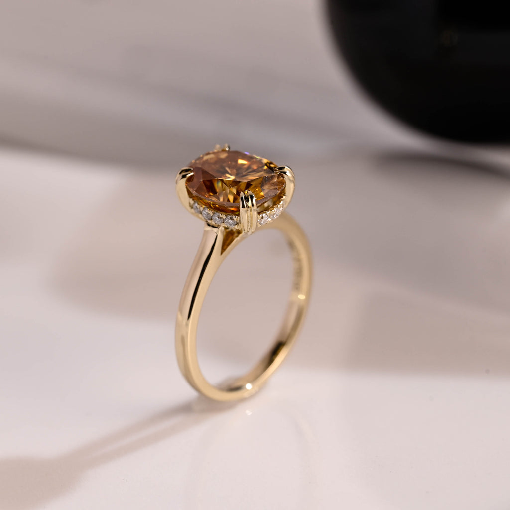 Solid Gold Hidden Halo Champagne Oval Cut Moissanite Engagement Ring