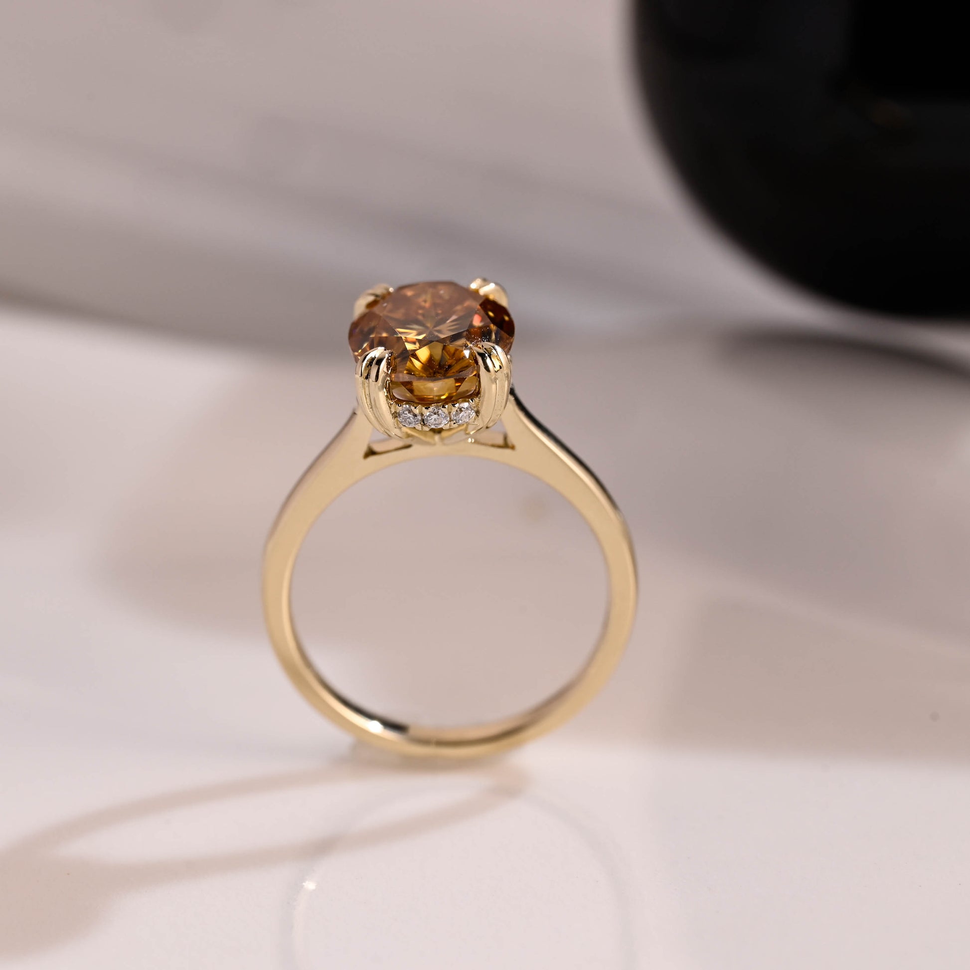 Solid Gold Hidden Halo Champagne Oval Cut Moissanite Engagement Ring