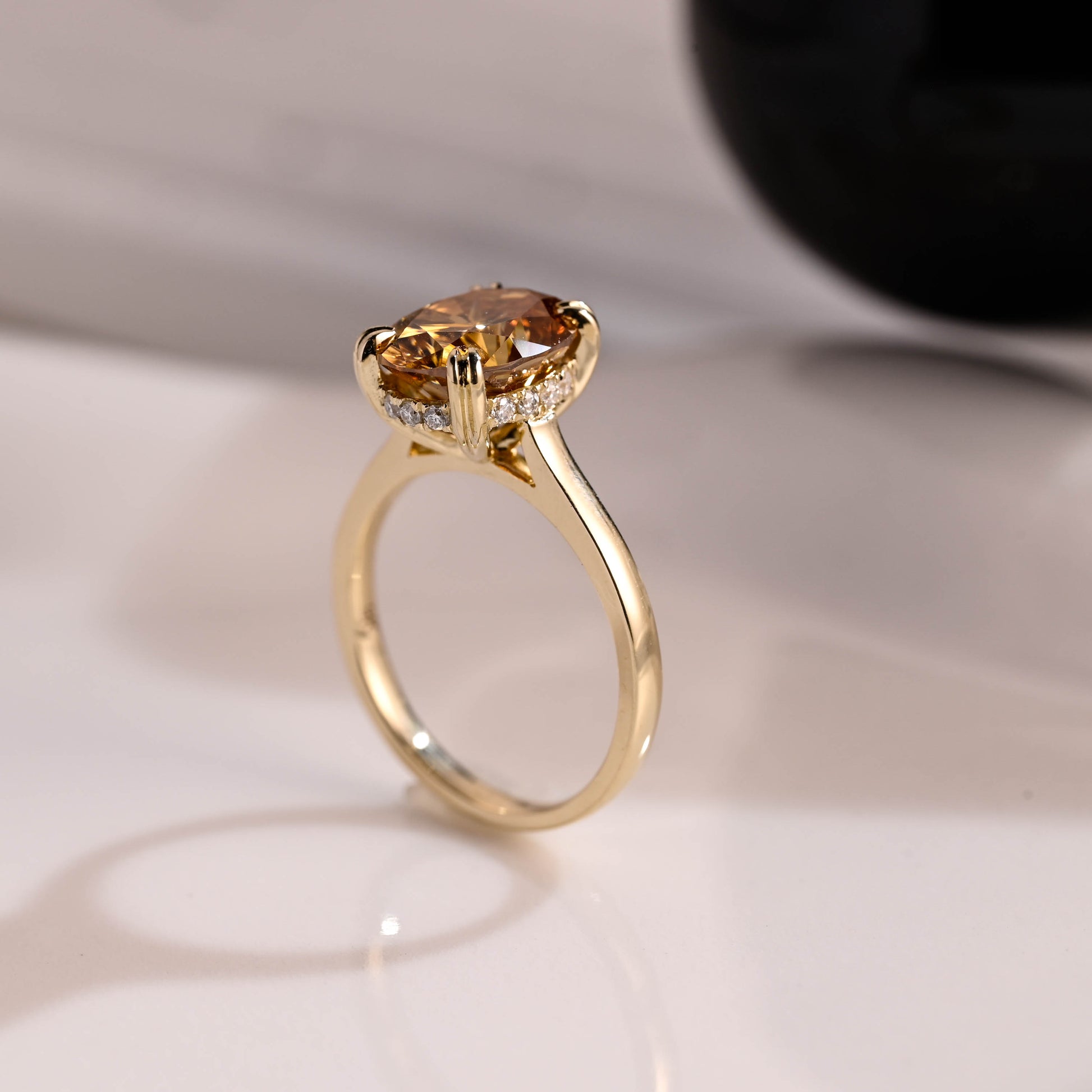 Solid Gold Hidden Halo Champagne Oval Cut Moissanite Engagement Ring