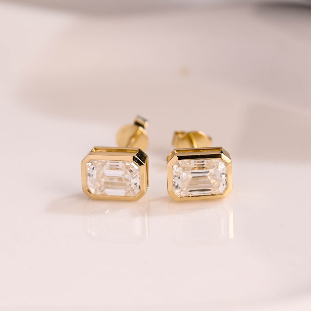 Solid Gold Solitaire Bezel Emerald Cut Moissanite Earring Studs Screw Backs