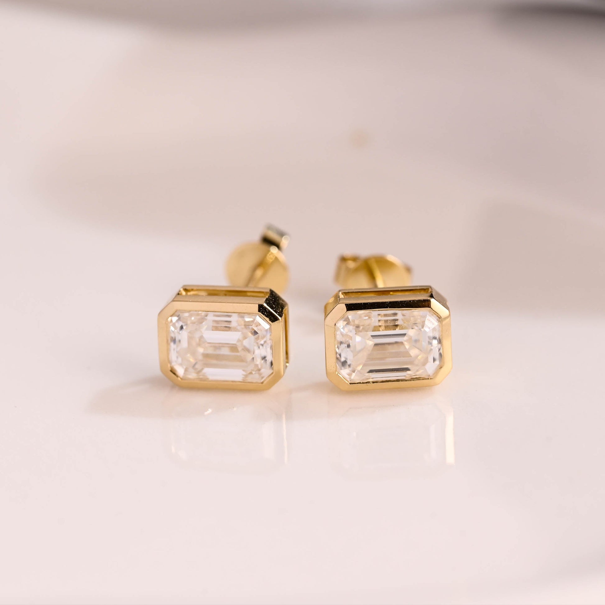 Solid Gold Solitaire Bezel Emerald Cut Moissanite Earring Studs Screw Backs