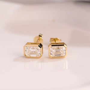 Solid Gold Solitaire Bezel Emerald Cut Moissanite Earring Studs Screw Backs