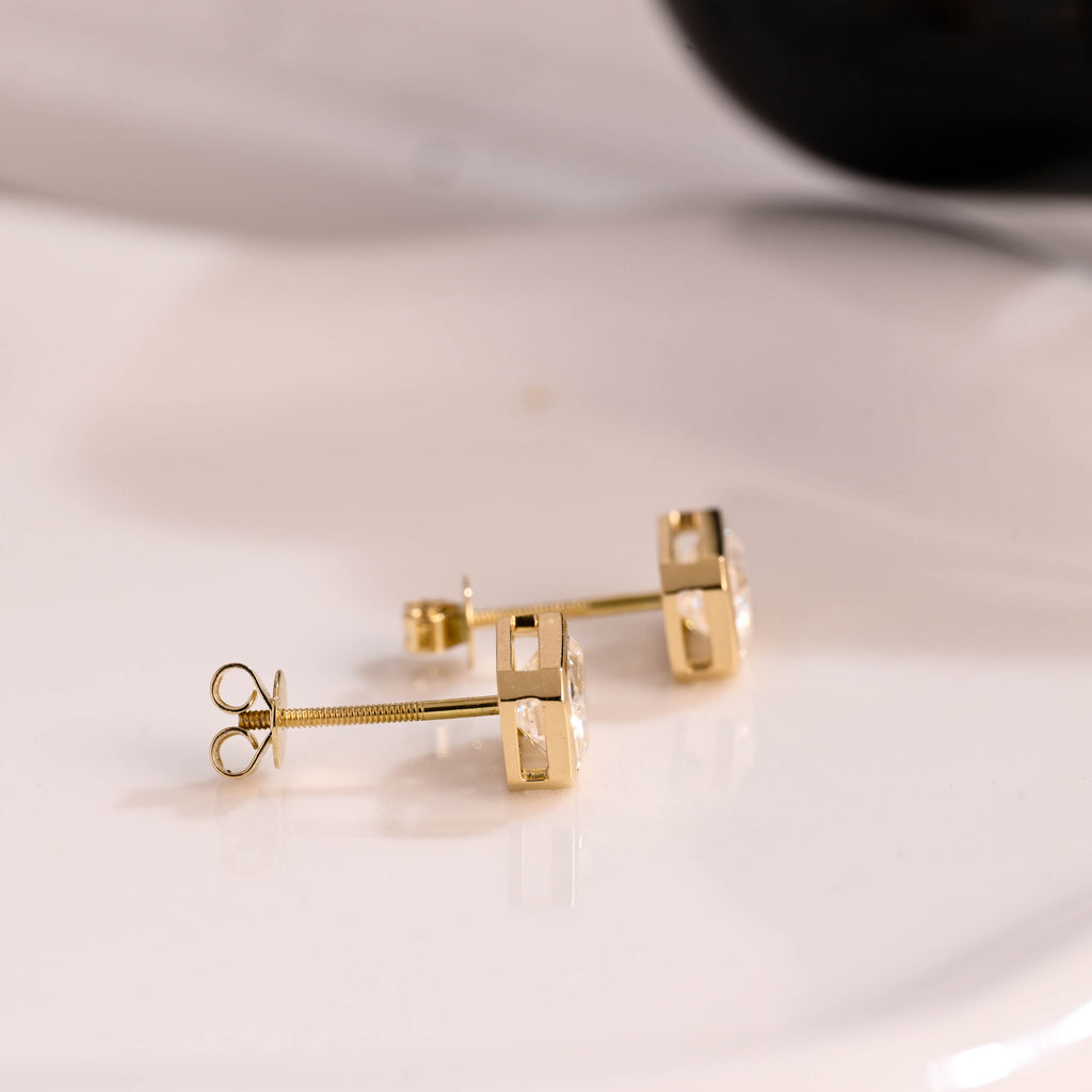 Solid Gold Solitaire Bezel Emerald Cut Moissanite Earring Studs Screw Backs