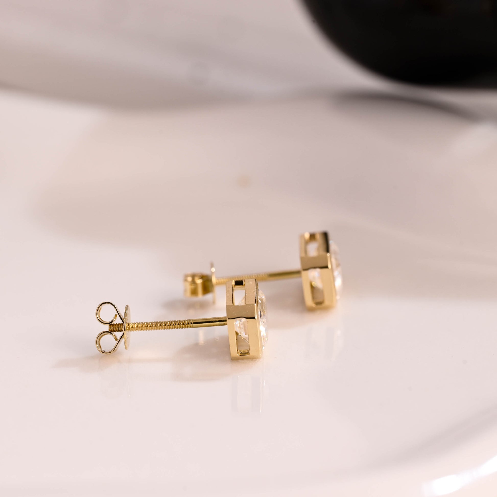 Solid Gold Solitaire Bezel Emerald Cut Moissanite Earring Studs Screw Backs