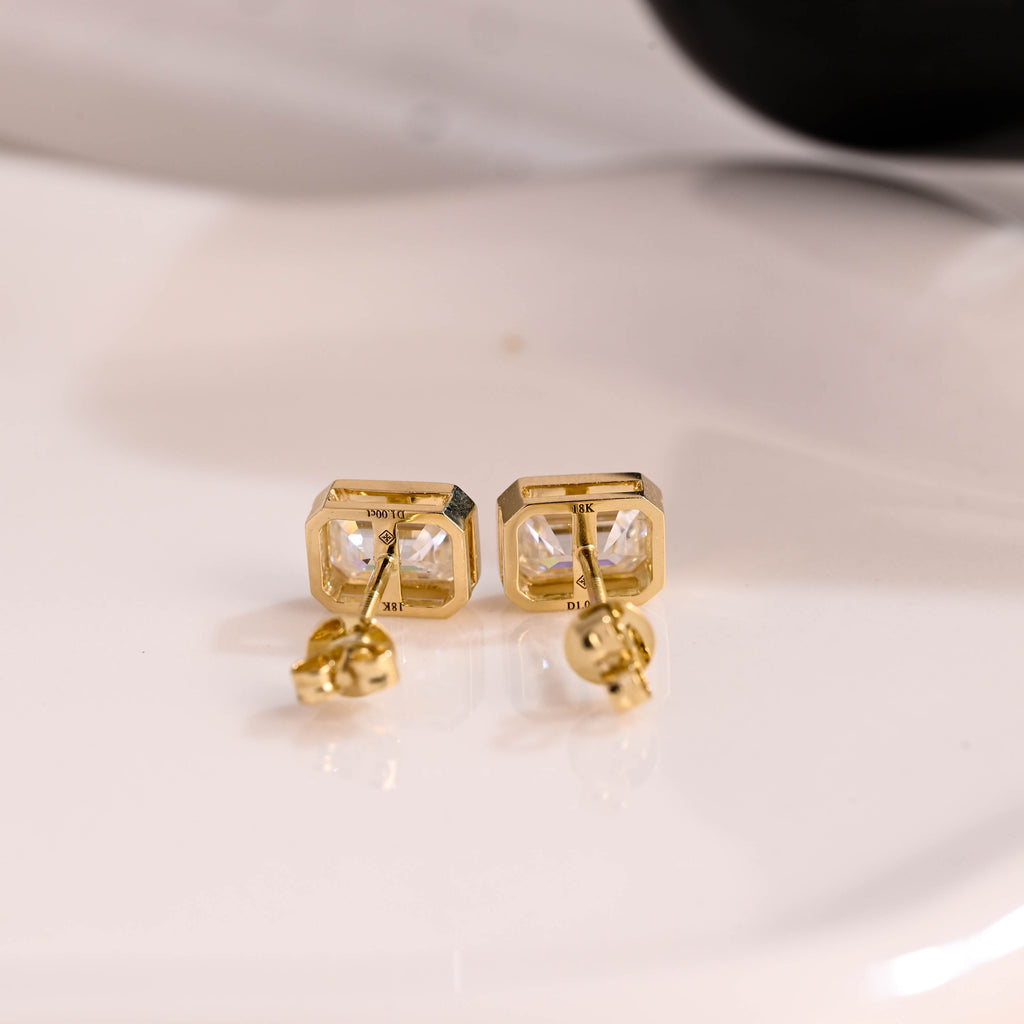 Solid Gold Solitaire Bezel Emerald Cut Moissanite Earring Studs Screw Backs