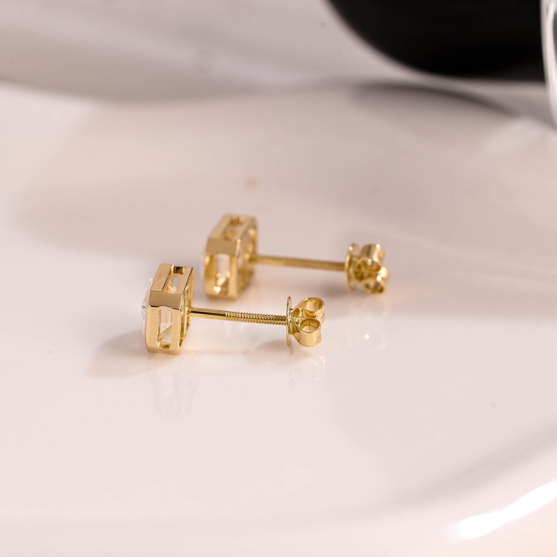 Solid Gold Solitaire Bezel Emerald Cut Moissanite Earring Studs Screw Backs