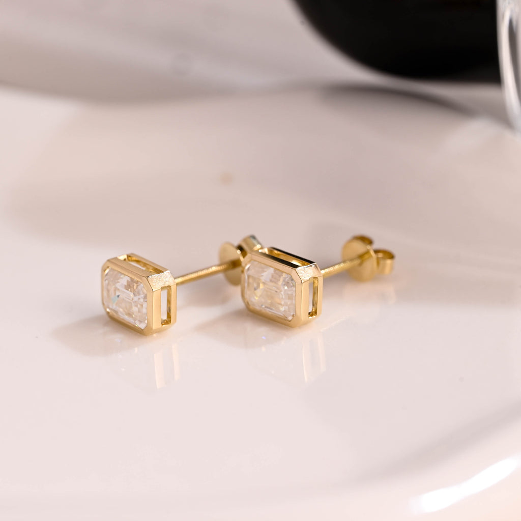 Solid Gold Solitaire Bezel Emerald Cut Moissanite Earring Studs Screw Backs